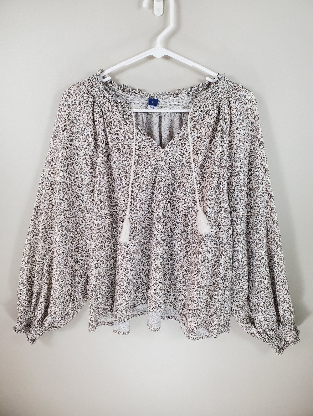 Old Navy Size L Floral Oversized Long Sleeve Smocked Linen Blend Shirt Top